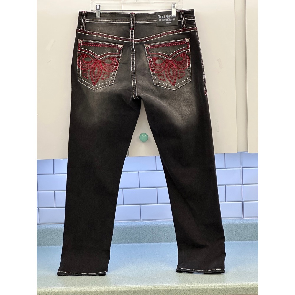 True Rebel 900 Series Lando Black Slim Fit Jeans Red White Stitch 36x30 808 NEW - Picture 2 of 10